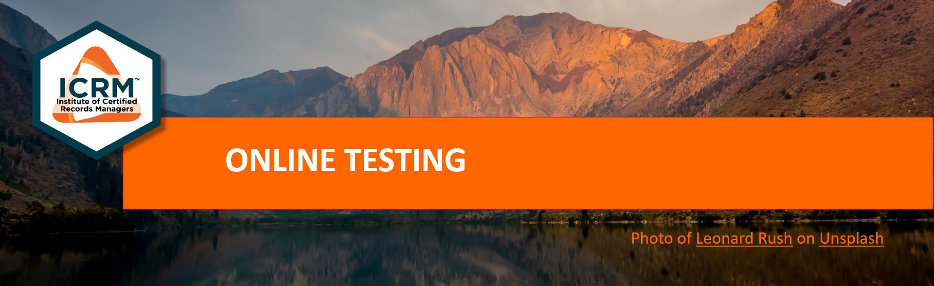 Image of Mountains with ICRM Logo, announcing "Online Testing" with link to https://www.icrm.org/node/2990.